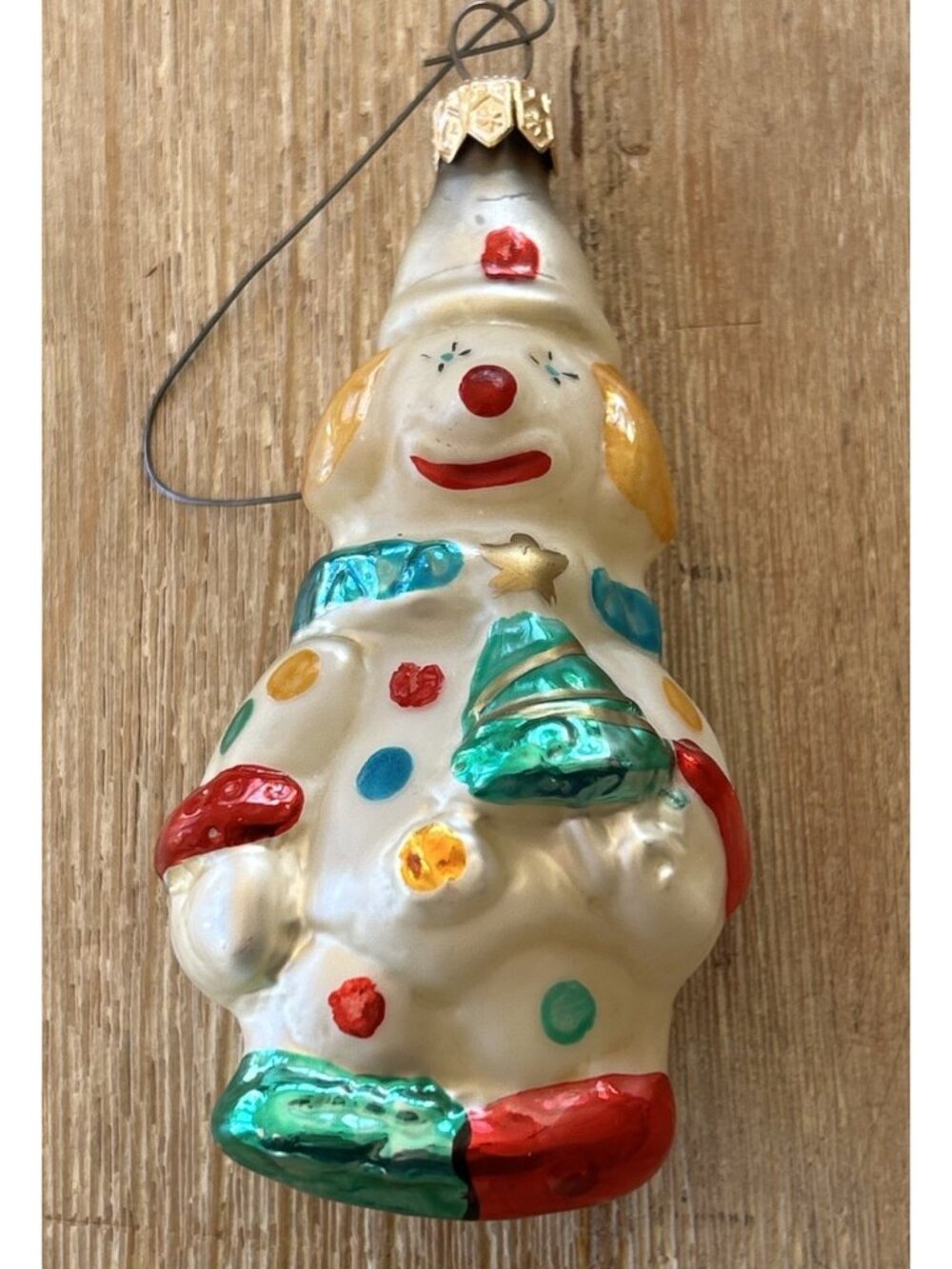Vintage Blown Glass Ornament Smiling Clown Holding a Christmas Tree Colorful 4”